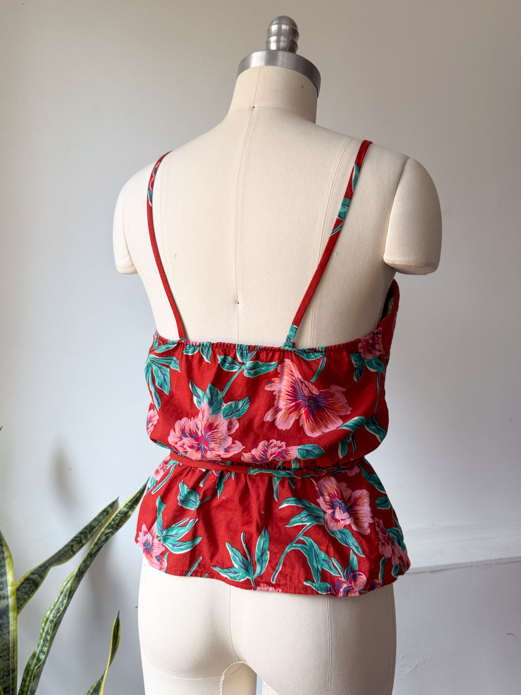 70s Red Floral Top / S