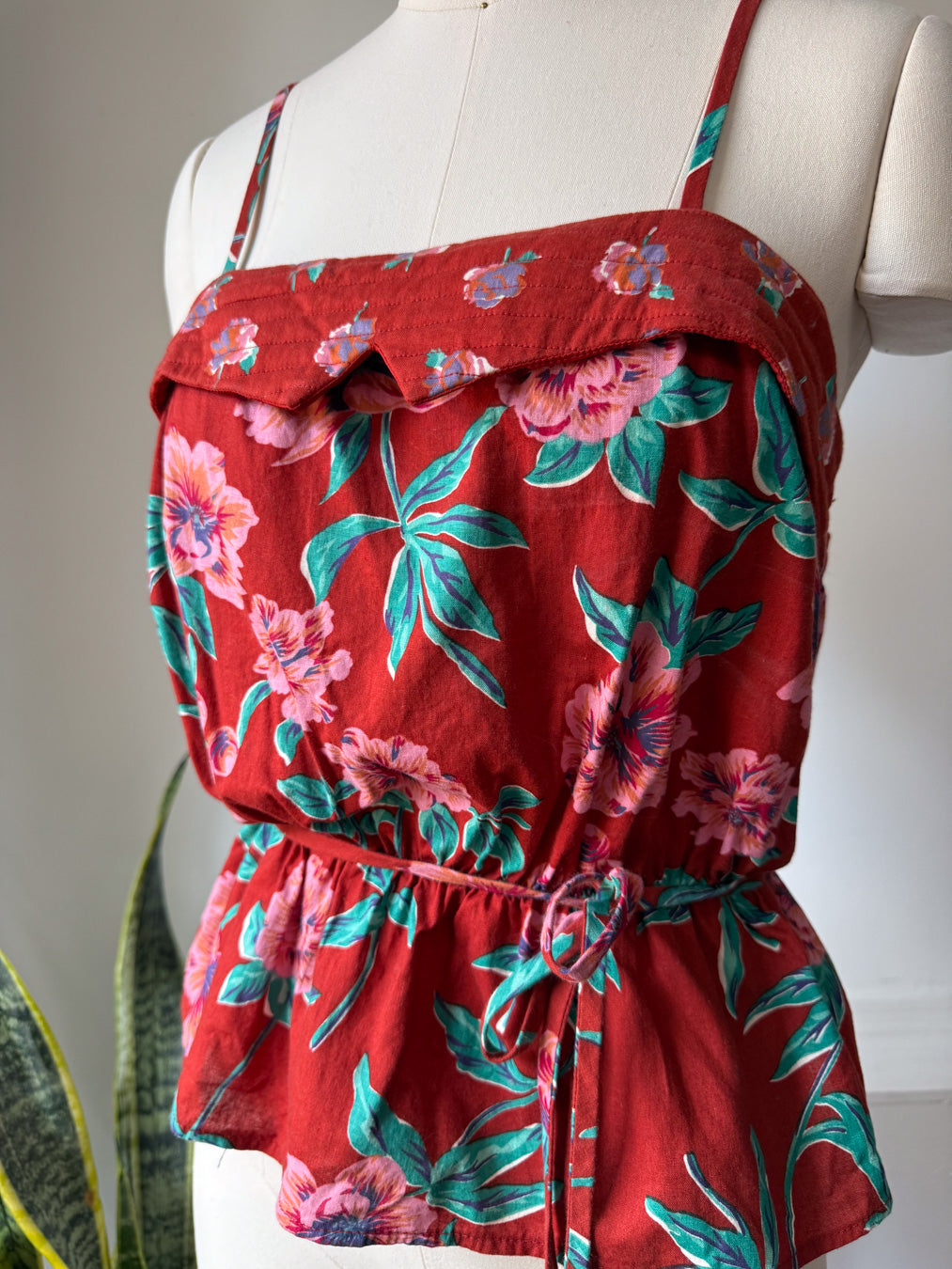 70s Red Floral Top / S