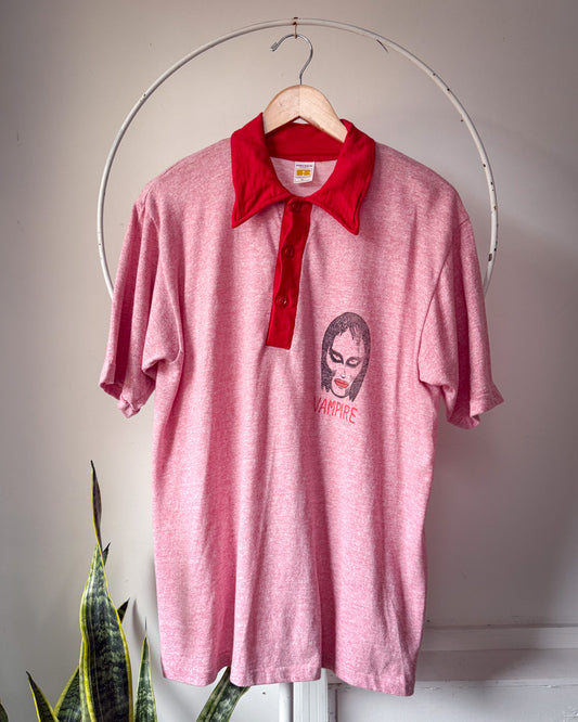 70s Vampire Graphic Print Red Collared Polo T-Shirt / XL