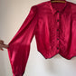 70s Vampiric Red Satin Collared Crop Blouse Top / S