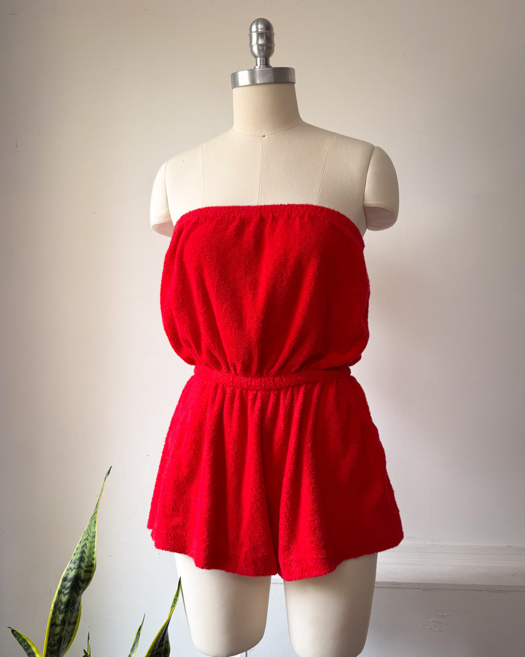70s Red Terry Cloth Romper / XS-S
