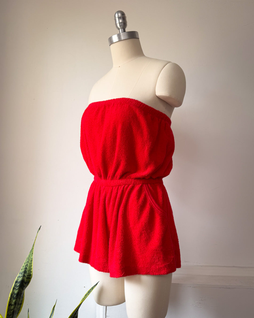 70s Red Terry Cloth Romper / XS-S