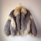 70s Ivory & Gray Shaggy Tibetan Lamb Fur Batwing Sleeve Coat / S-XL