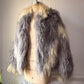 70s Ivory & Gray Shaggy Tibetan Lamb Fur Batwing Sleeve Coat / S-XL