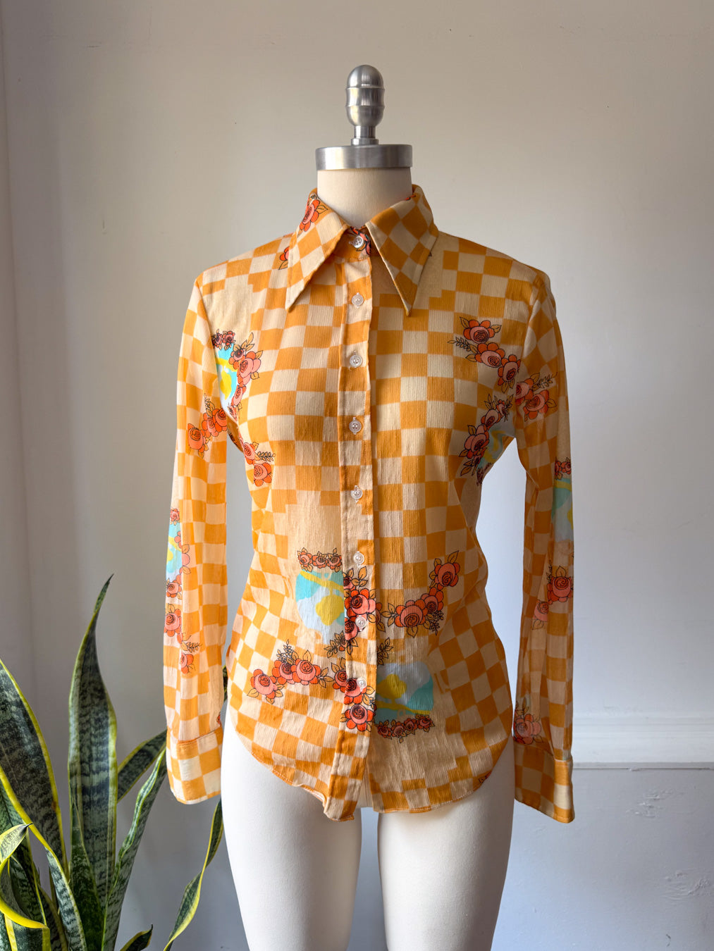 70s Sheer Checkered Shirt / M