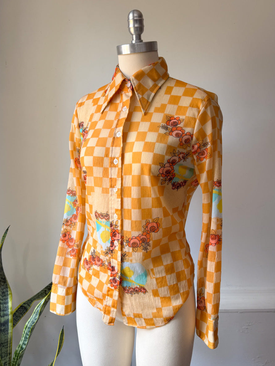 70s Sheer Checkered Shirt / M