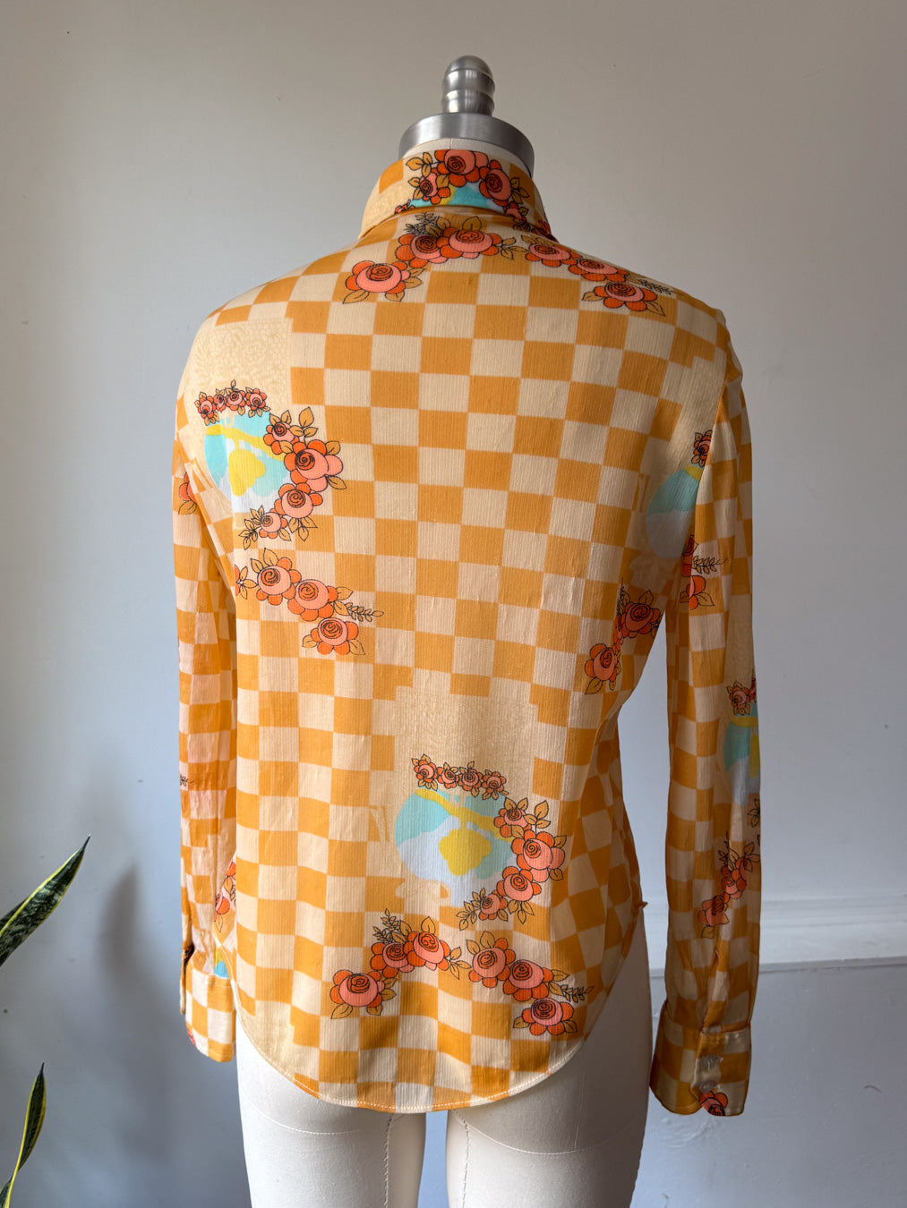 70s Sheer Checkered Shirt / M