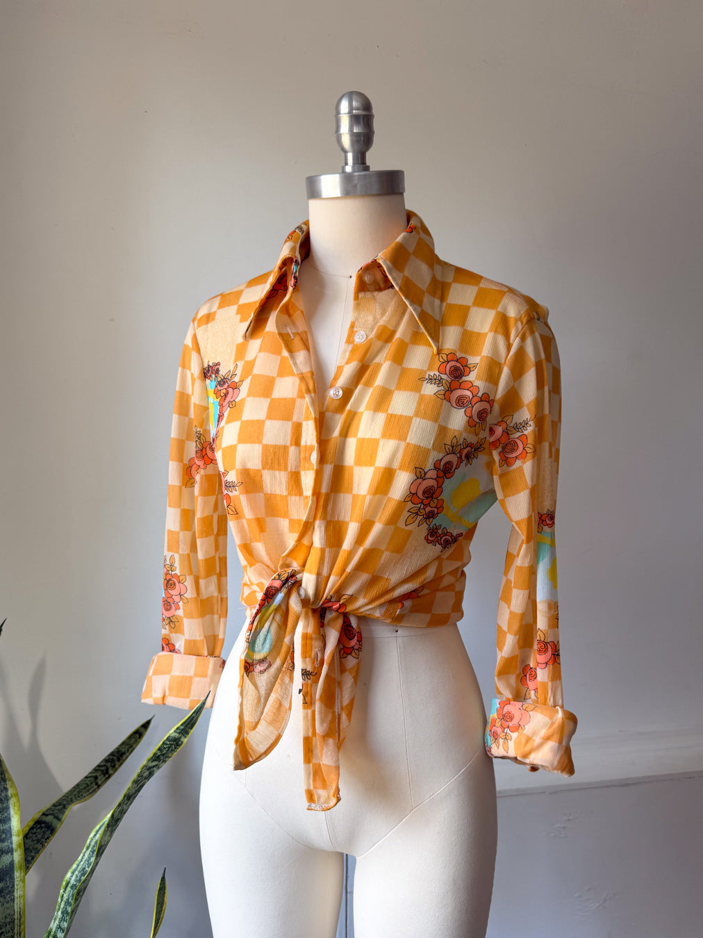70s Sheer Checkered Shirt / M