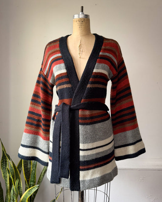 70s Striped Wool Blend Bell Sleeve Belted Cardigan Sweater / S-M