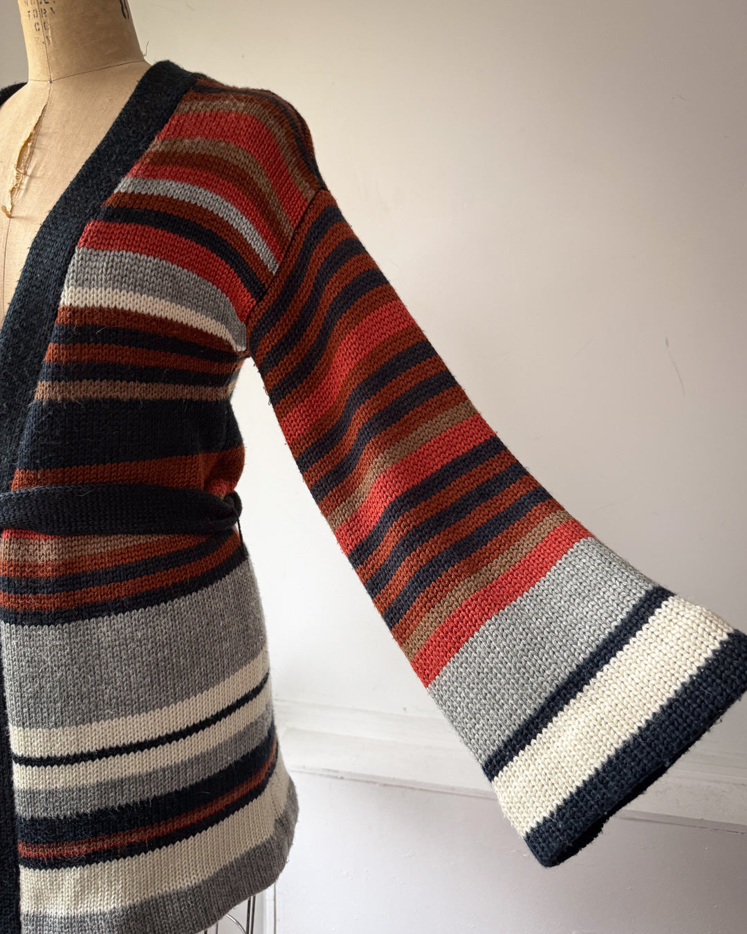 70s Striped Wool Blend Bell Sleeve Belted Cardigan Sweater / S-M