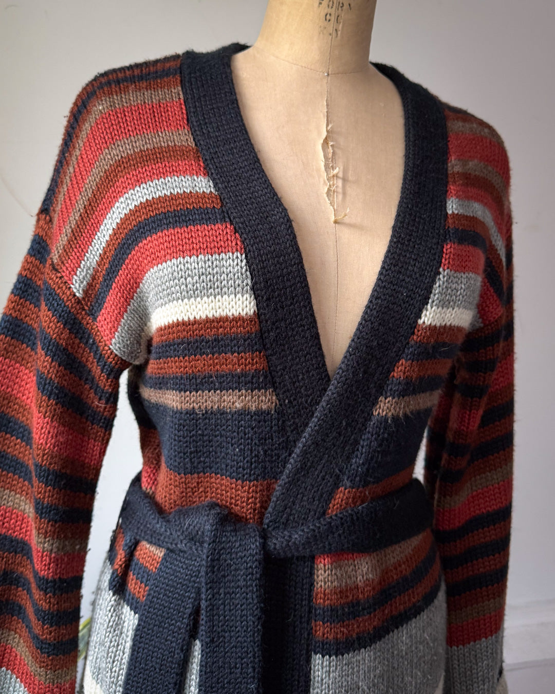 70s Striped Wool Blend Bell Sleeve Belted Cardigan Sweater / S-M