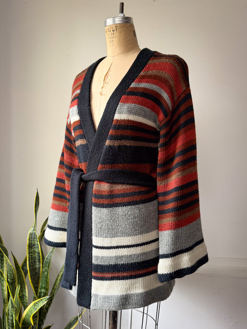 70s Striped Wool Blend Bell Sleeve Belted Cardigan Sweater / S-M