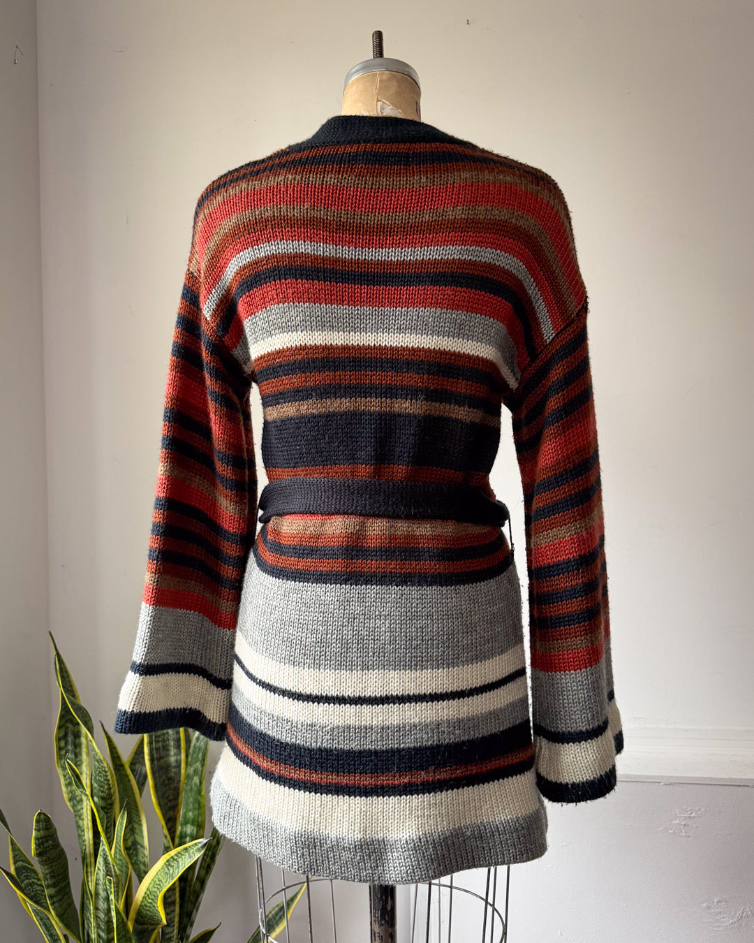 70s Striped Wool Blend Bell Sleeve Belted Cardigan Sweater / S-M