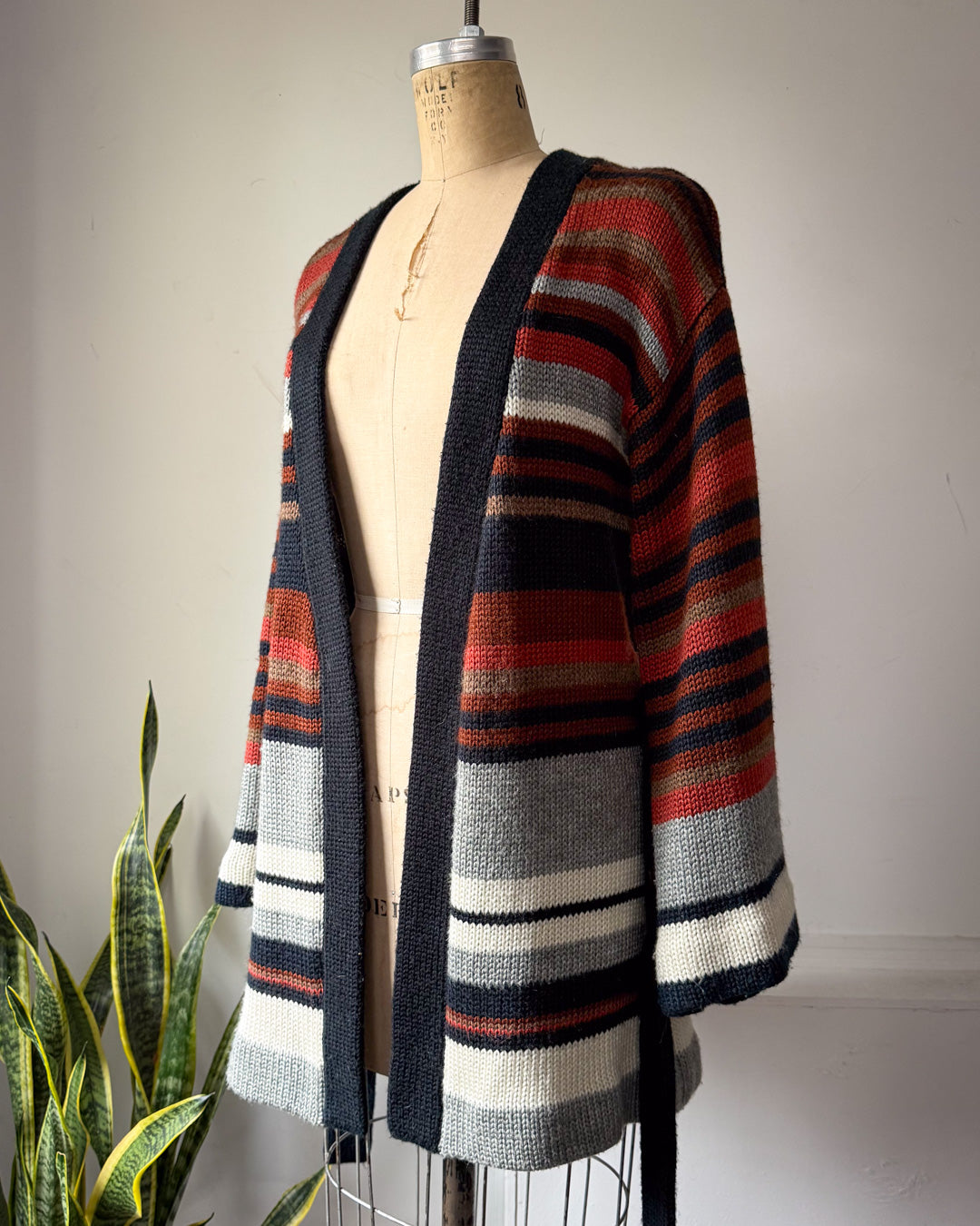 70s Striped Wool Blend Bell Sleeve Belted Cardigan Sweater / S-M