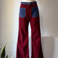 70s Two Tone Burgundy & Blue Colorblock Flare Pants / M