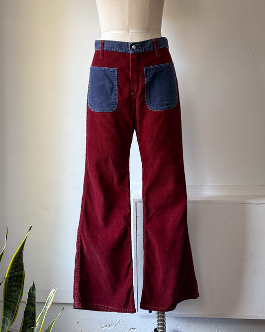 70s Two Tone Burgundy & Blue Colorblock Flare Pants / M