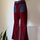 70s Two Tone Burgundy & Blue Colorblock Flare Pants / M