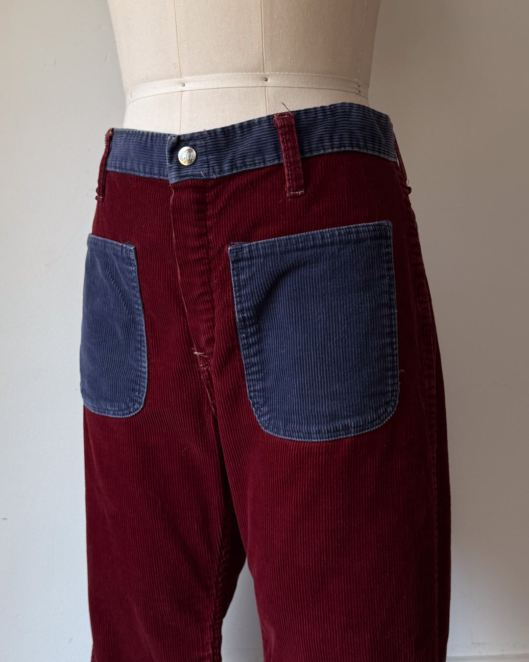 70s Two Tone Burgundy & Blue Colorblock Flare Pants / M