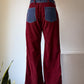70s Two Tone Burgundy & Blue Colorblock Flare Pants / M