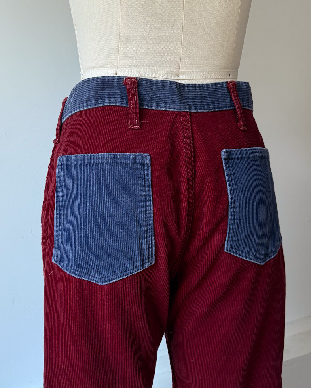 70s Two Tone Burgundy & Blue Colorblock Flare Pants / M