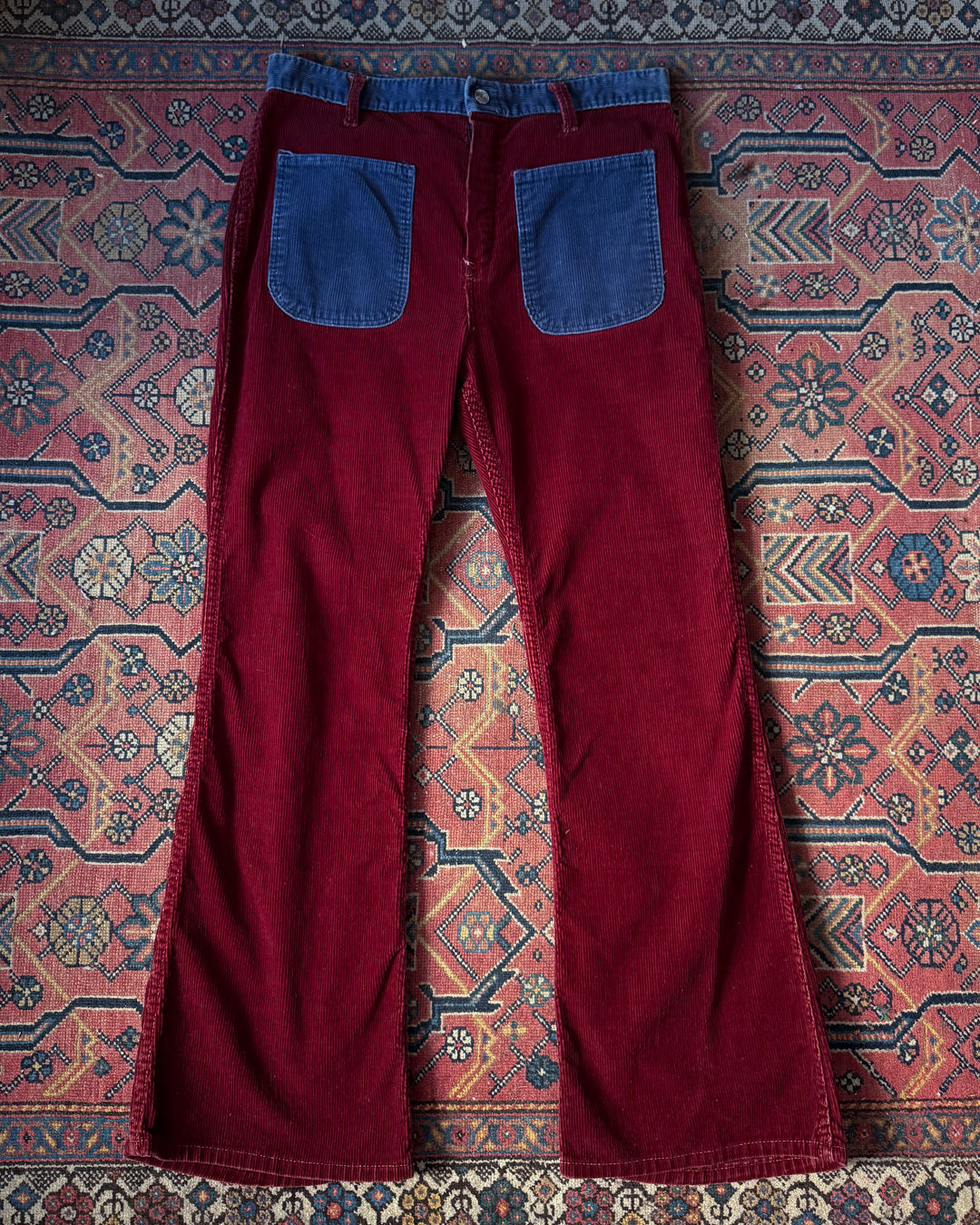 70s Two Tone Burgundy & Blue Colorblock Flare Pants / M