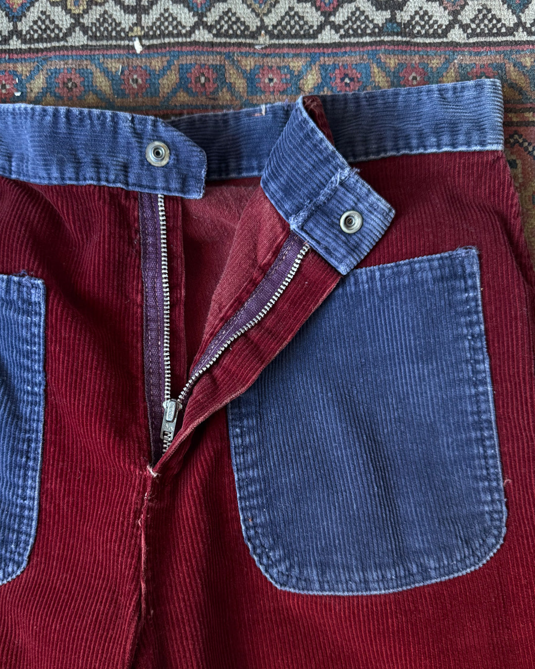 70s Two Tone Burgundy & Blue Colorblock Flare Pants / M