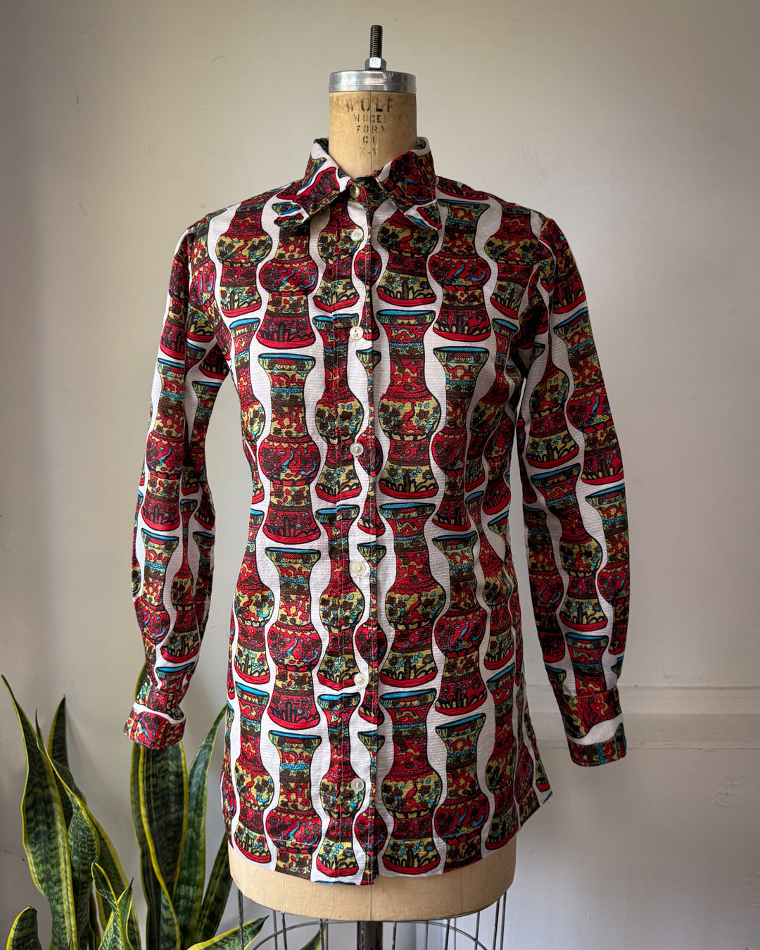 70s Colorful Vase Print Collared Disco Shirt / S