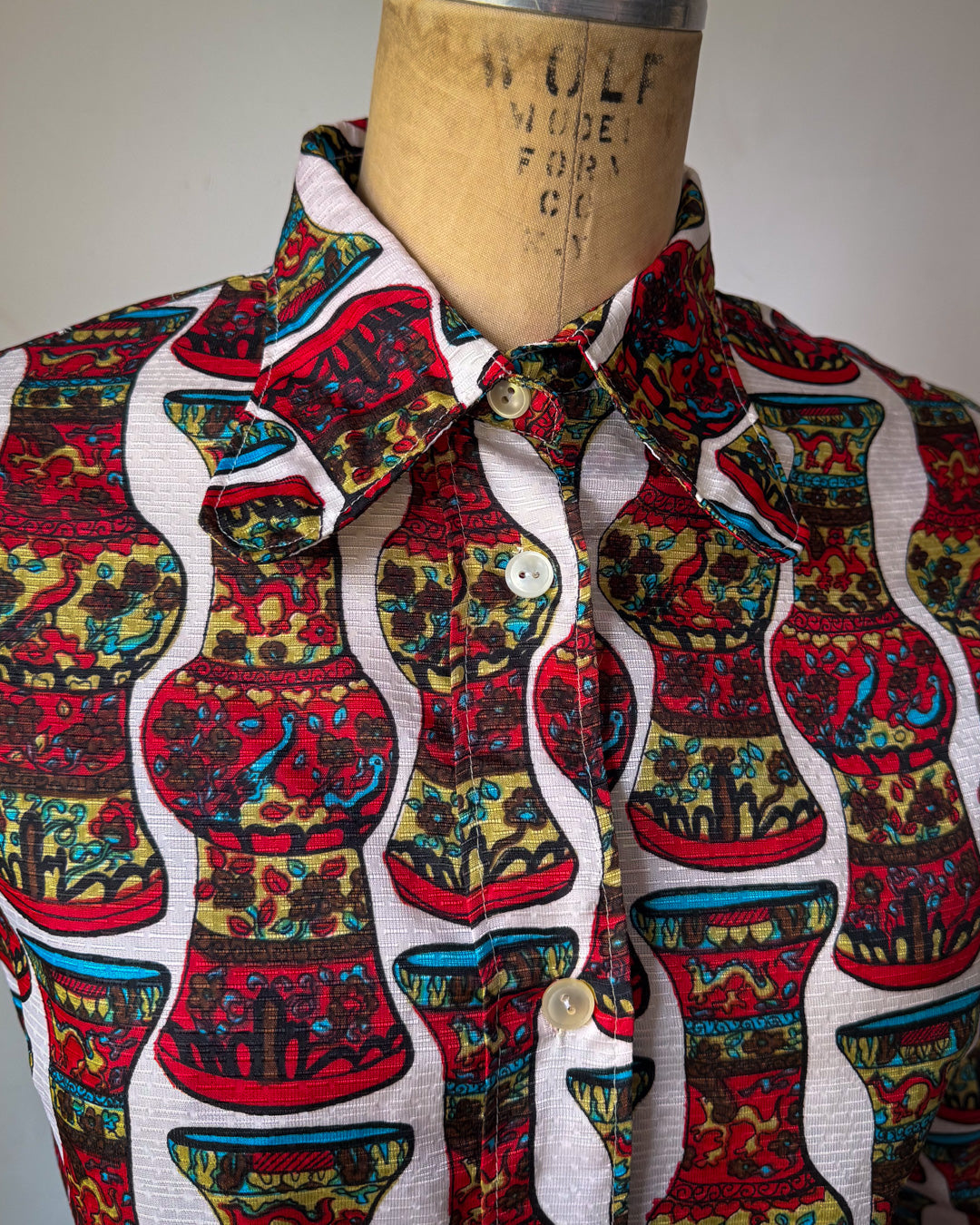 70s Colorful Vase Print Collared Disco Shirt / S