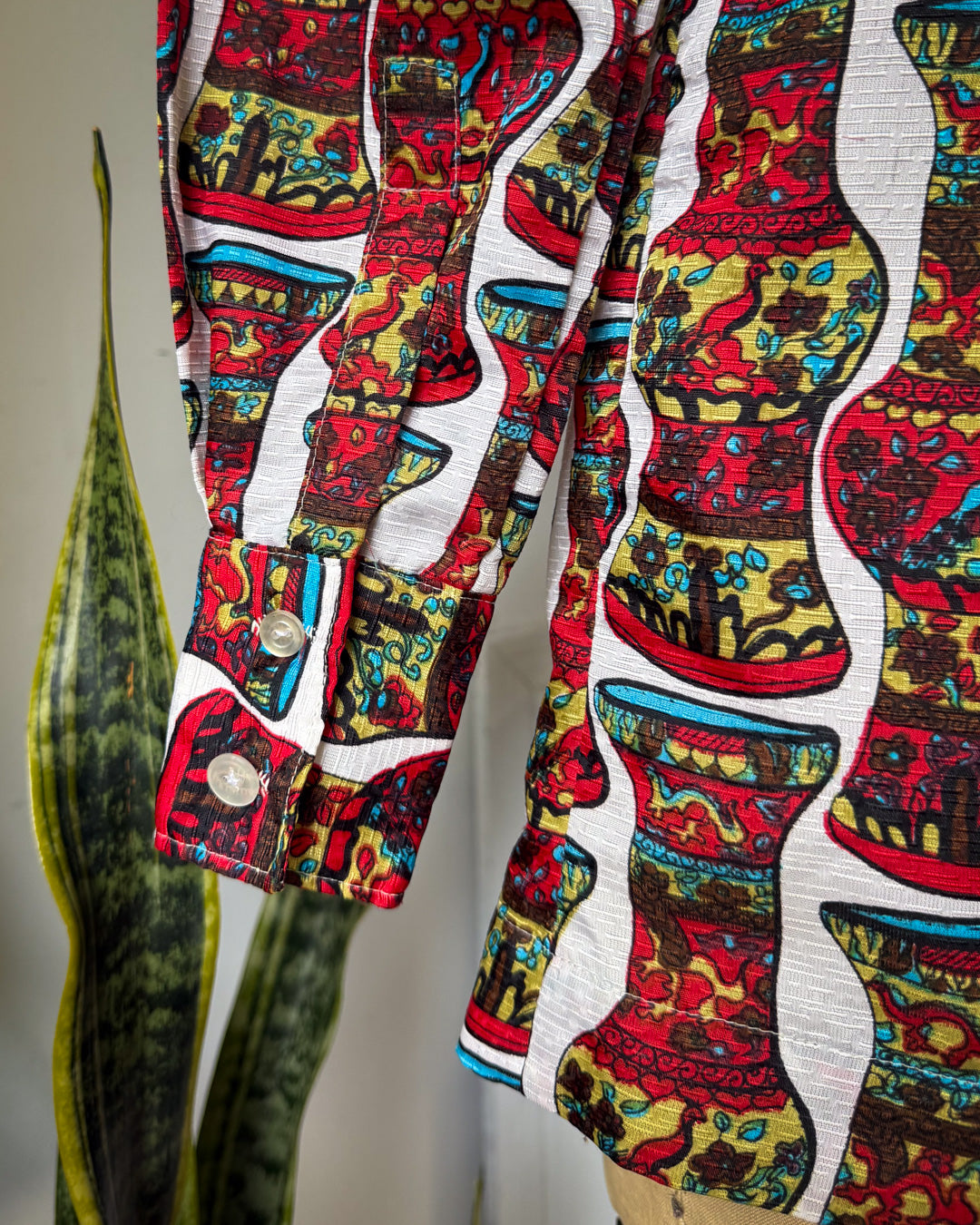 70s Colorful Vase Print Collared Disco Shirt / S