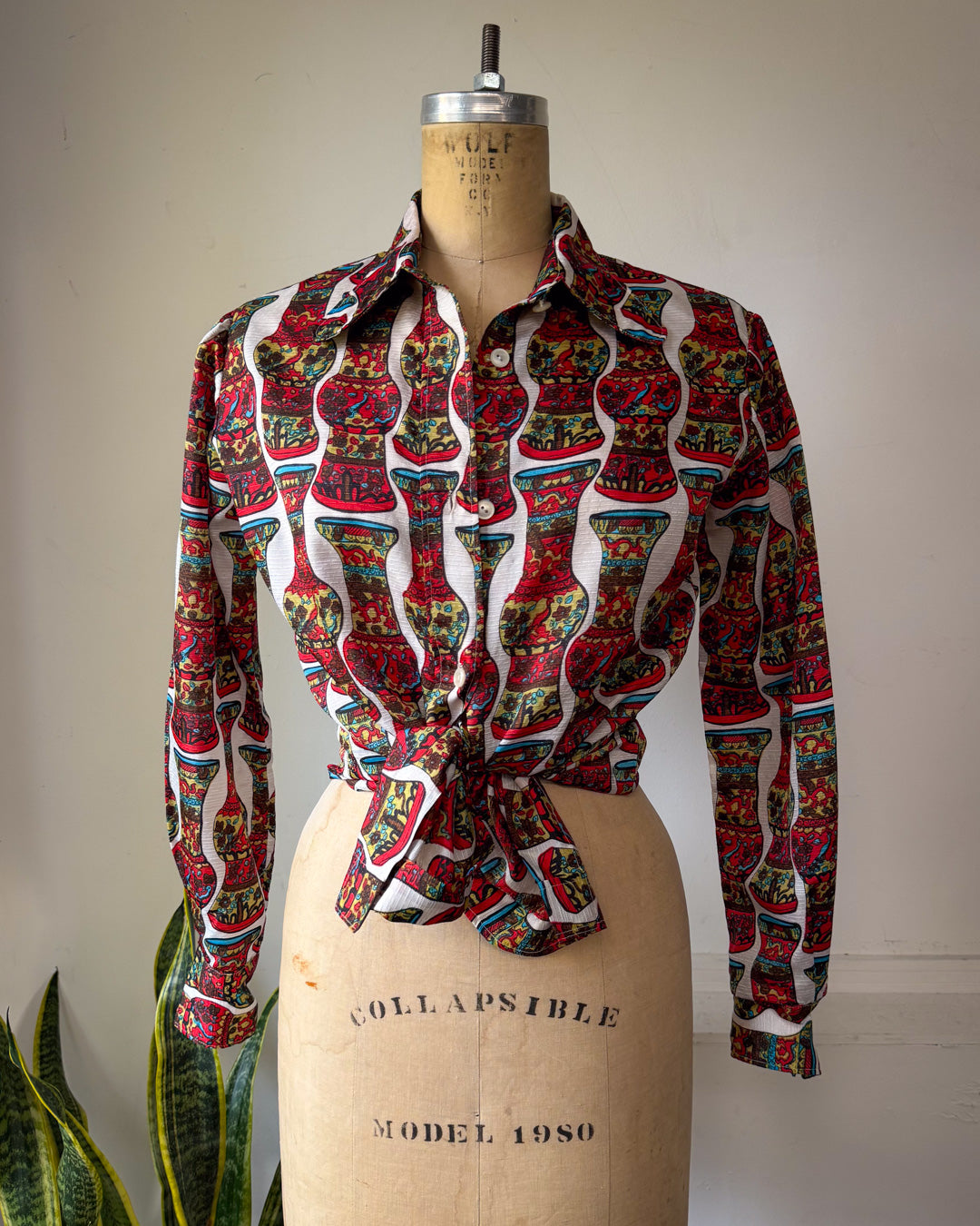 70s Colorful Vase Print Collared Disco Shirt / S