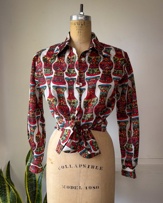 70s Colorful Vase Print Collared Disco Shirt / S