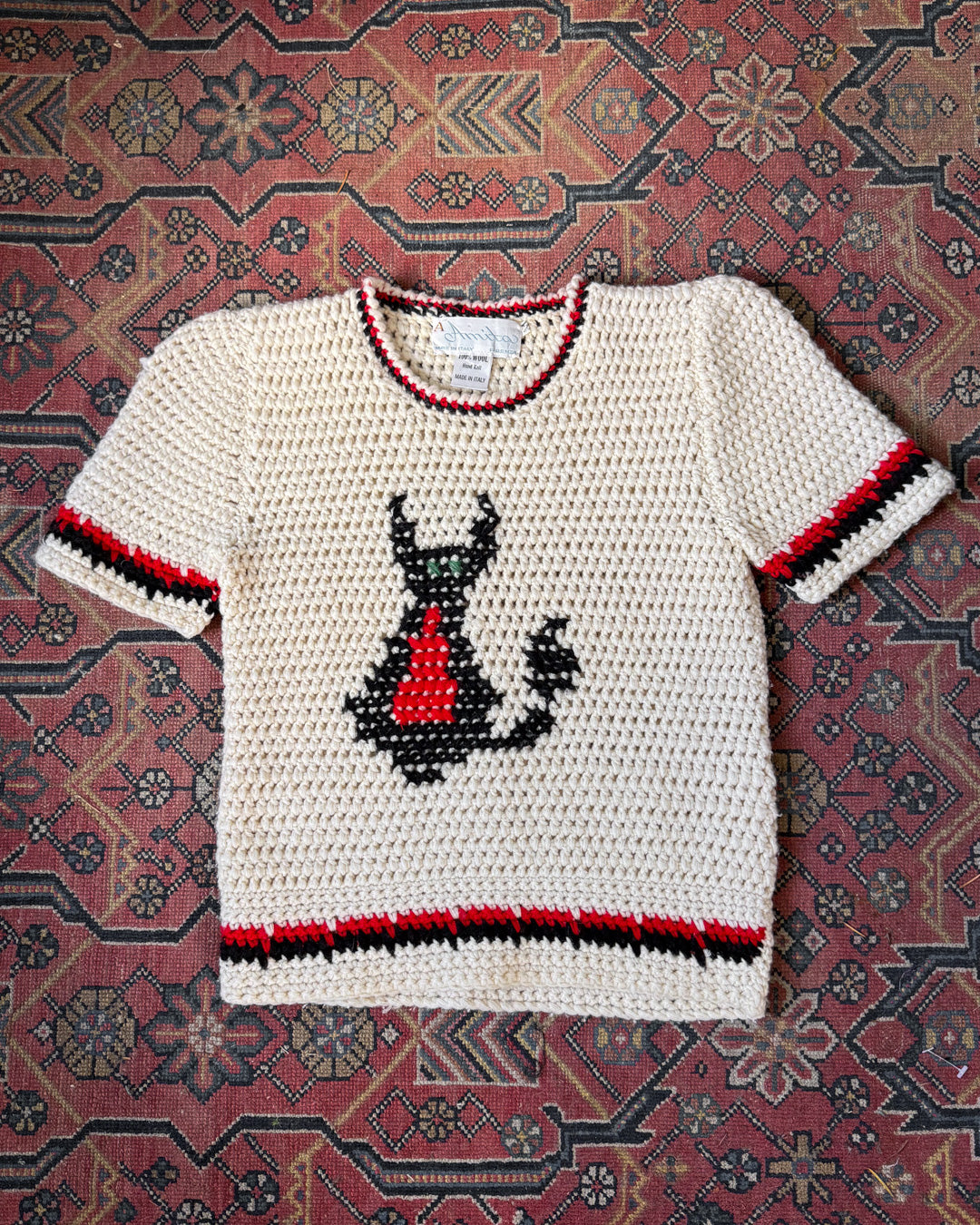 70s Devil Cat Novelty Graphic Knit Soft Wool Crop Sweater / XS