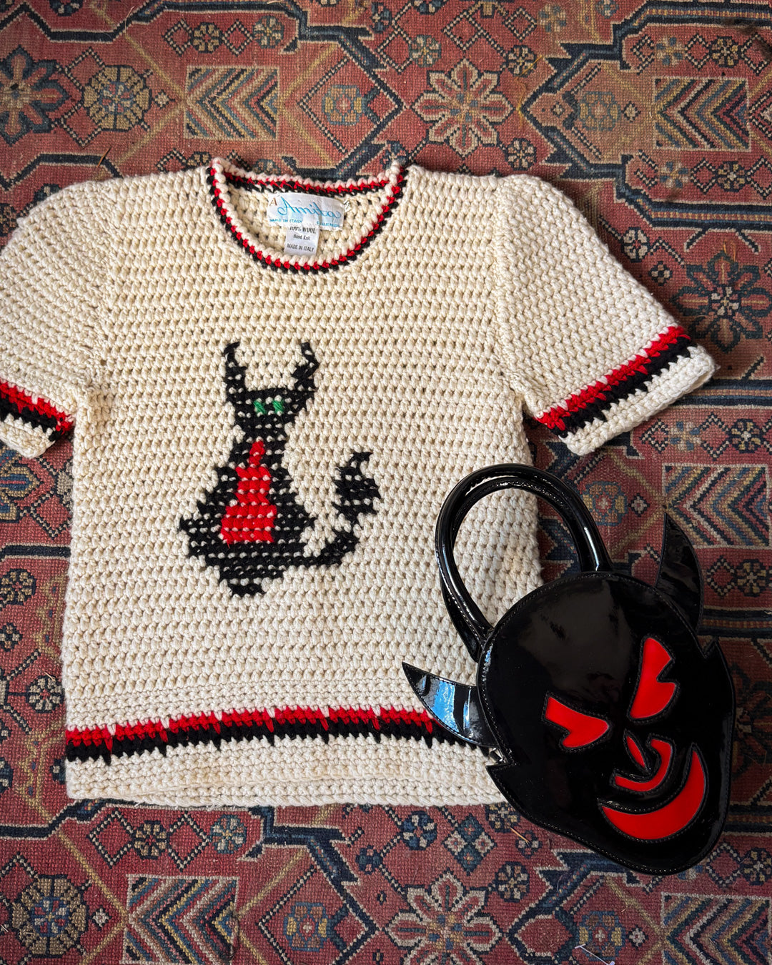 70s Devil Cat Novelty Graphic Knit Soft Wool Crop Sweater / XS