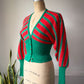70s I. Magnin Youth Guild Red & Green Boucle Wool Cropped Balloon Sleeve Sweater / XS