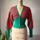 70s I. Magnin Youth Guild Red & Green Boucle Wool Cropped Balloon Sleeve Sweater / XS