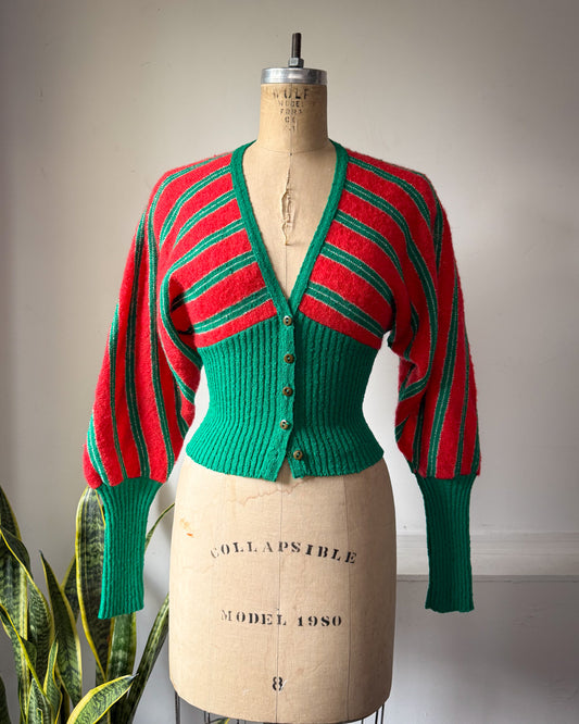70s I. Magnin Youth Guild Red & Green Boucle Wool Cropped Balloon Sleeve Sweater / XS