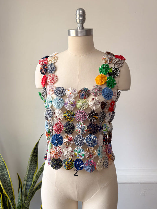 70s Yo-yo Quilt Textile Crop Top