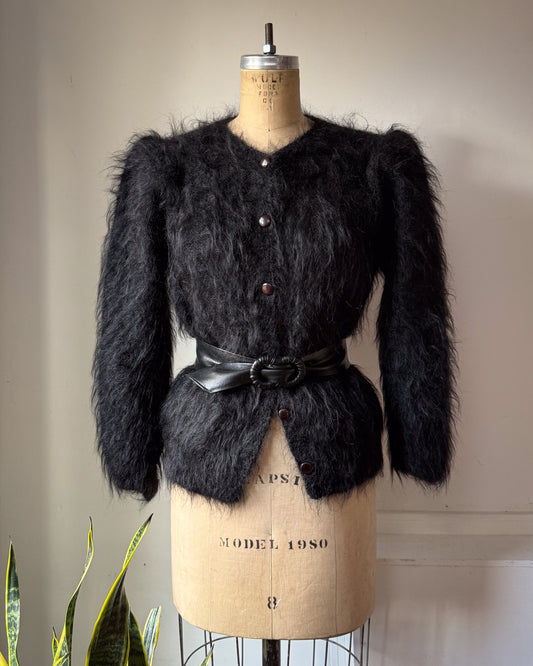 80s Shaggy Black Mohair Puff Sleeve Cardigan Sweater / M