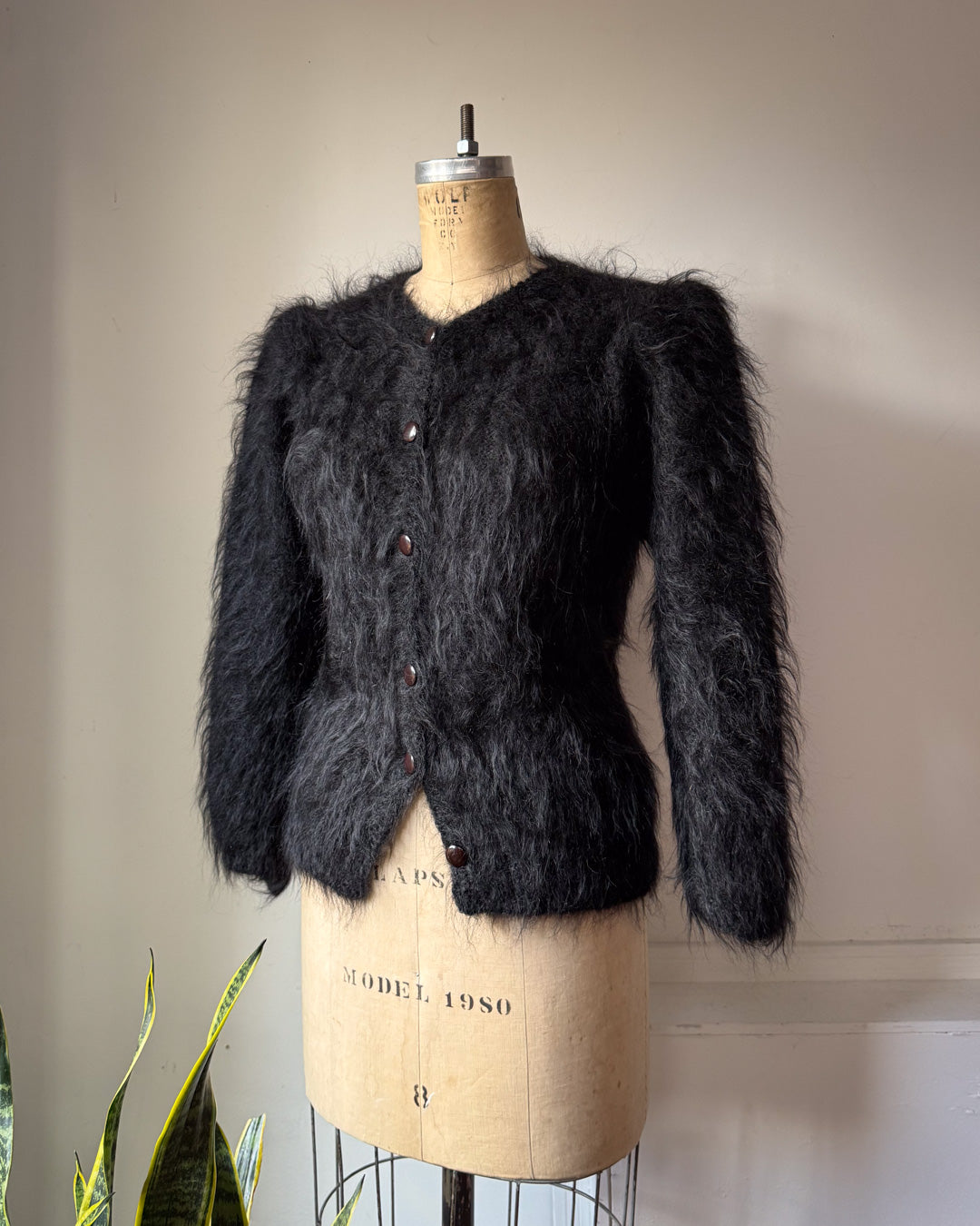 80s Shaggy Black Mohair Puff Sleeve Cardigan Sweater / M