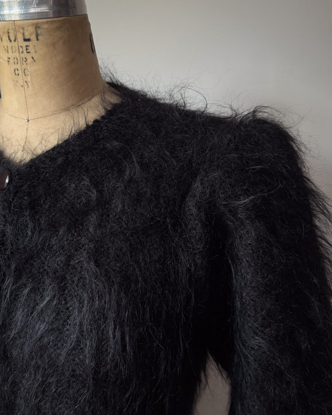 80s Shaggy Black Mohair Puff Sleeve Cardigan Sweater / M