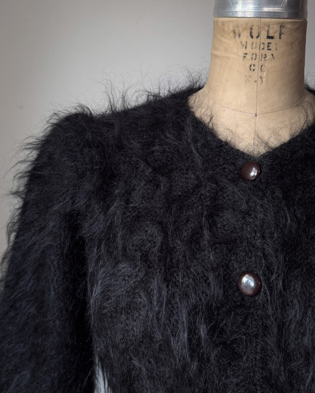 80s Shaggy Black Mohair Puff Sleeve Cardigan Sweater / M