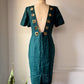 80s Teal Linen Bronze Grommet Cutout Low Back Dress / M