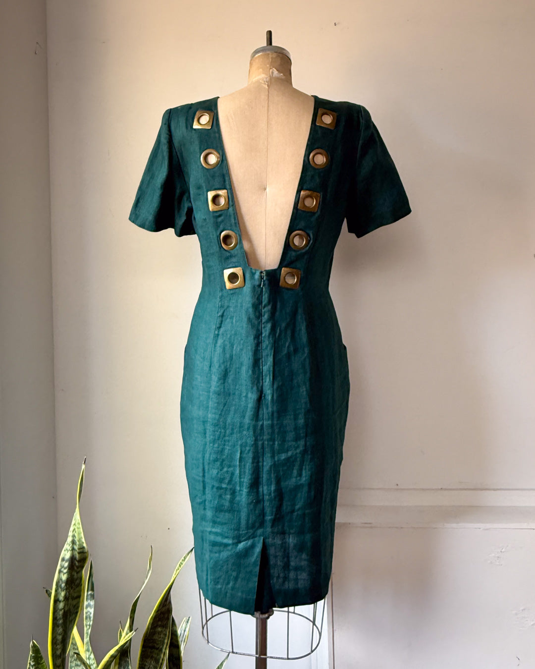 80s Teal Linen Bronze Grommet Cutout Low Back Dress / M