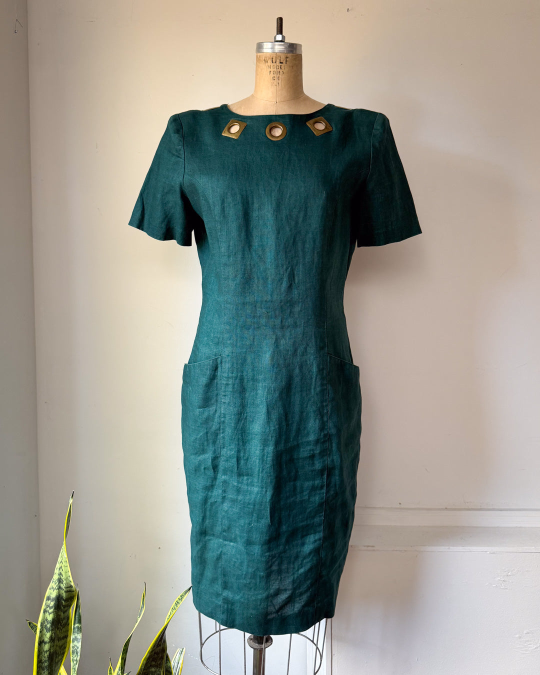 80s Teal Linen Bronze Grommet Cutout Low Back Dress / M