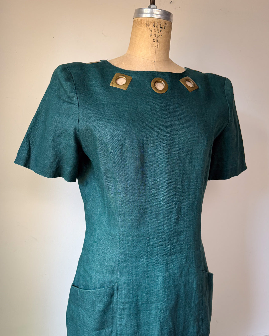 80s Teal Linen Bronze Grommet Cutout Low Back Dress / M