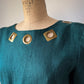 80s Teal Linen Bronze Grommet Cutout Low Back Dress / M