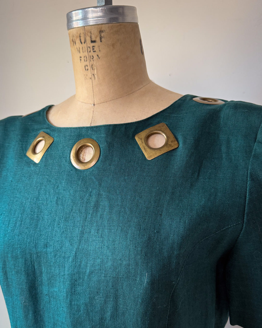 80s Teal Linen Bronze Grommet Cutout Low Back Dress / M