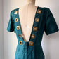 80s Teal Linen Bronze Grommet Cutout Low Back Dress / M