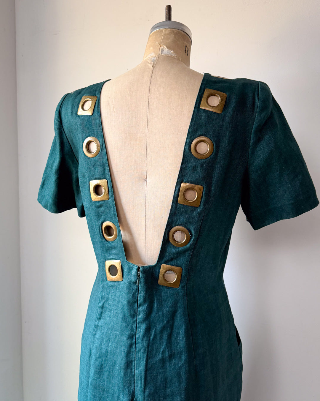 80s Teal Linen Bronze Grommet Cutout Low Back Dress / M