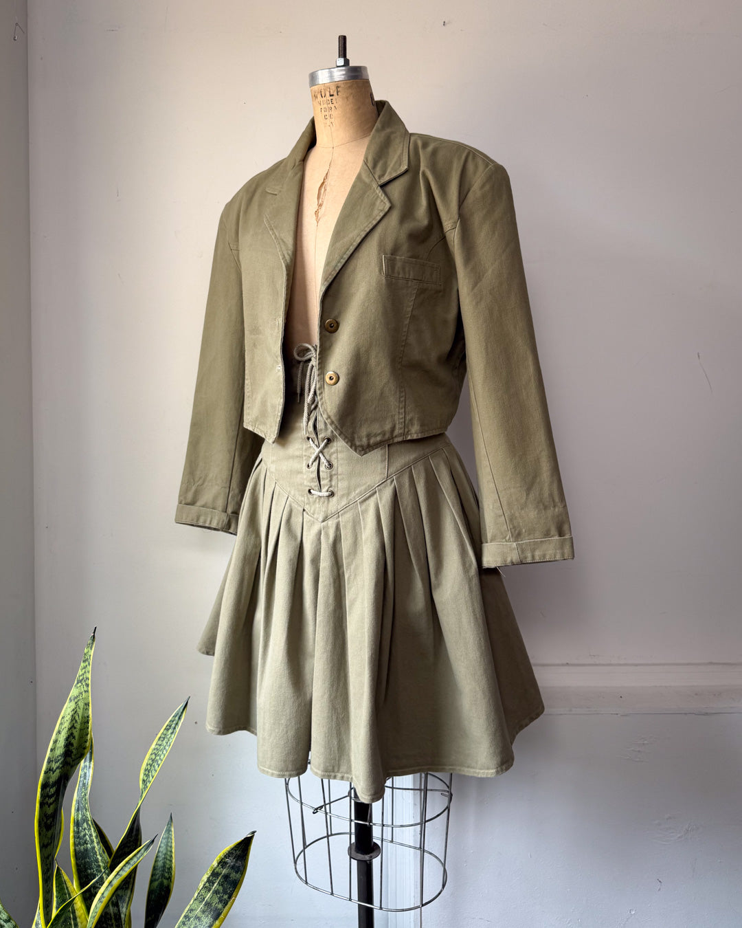 80s Green Cotton Corset Lace Crop Jacket & Skirt Set / S-M